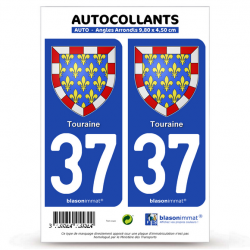 2 Autocollants plaque immatriculation Auto 37 Touraine - Armoiries