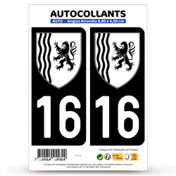 2 Autocollants plaque immatriculation Auto 16 Nouvelle-Aquitaine - LogoType N&B