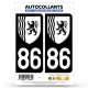 2 Autocollants plaque immatriculation Auto 86 Vienne - Nouvelle-Aquitaine Bi-ton