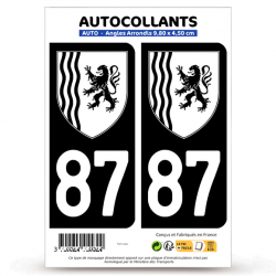 2 Autocollants plaque immatriculation Auto 87 Haute-Vienne - Nouvelle-Aquitaine Bi-ton