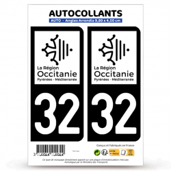 2 Autocollants plaque immatriculation Auto 32 Gers - Occitanie Bi-ton