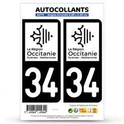 2 Autocollants plaque immatriculation Auto 34 Hérault - Occitanie Bi-ton