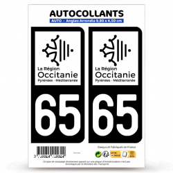 2 Autocollants plaque immatriculation Auto 65 Hautes-Pyrénées - Occitanie Bi-ton