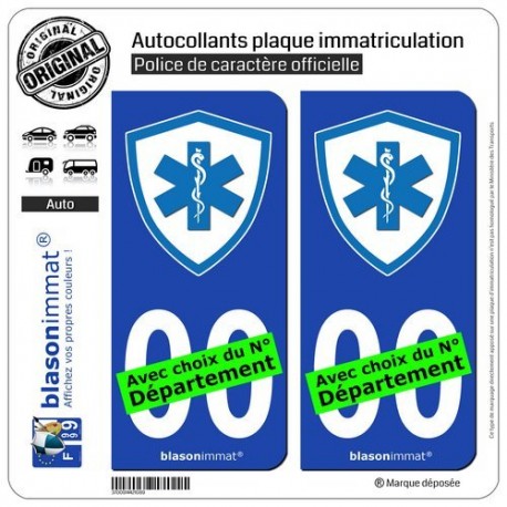 2 Autocollants Plaque immatriculation Auto : Ambulancier - Blason