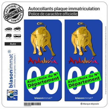 blasonimmat 2 Autocollants Plaque immatriculation Auto : Andalucia - Toro