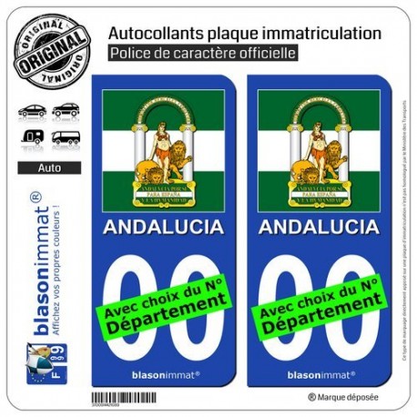 blasonimmat 2 Autocollants Plaque immatriculation Auto : Andalousie - Armoiries Drapées