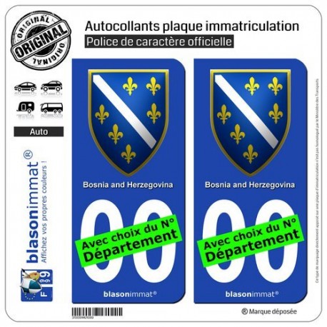 blasonimmat 2 Autocollants Plaque immatriculation Auto : Bosnie-Herzégovine - Armoiries 1992-98