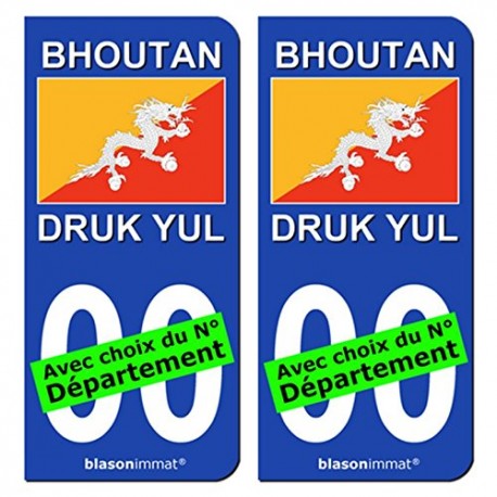 blasonimmat 2 Autocollants Plaque immatriculation Auto : Bhoutan - Drapeau