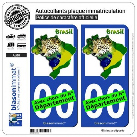 2 Autocollants Plaque immatriculation Auto : Brasil - Drapeau Animal