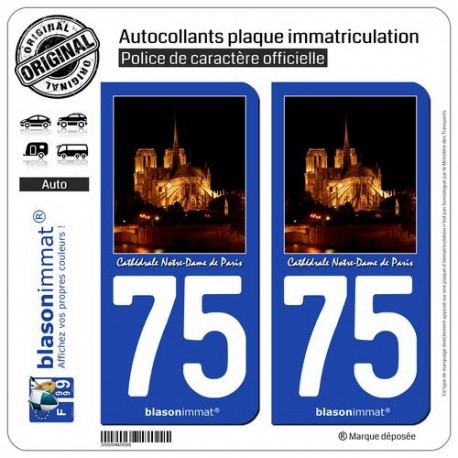 blasonimmat 2 Autocollants Plaque immatriculation Auto 75 Cathédrale Notre-Dame II - Paris