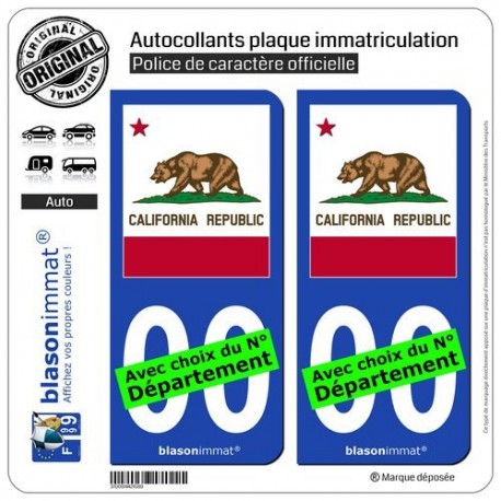 blasonimmat 2 Autocollants Plaque immatriculation Auto : Californie - Drapeau Ajusté