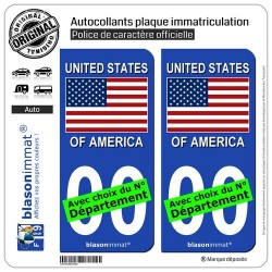 blasonimmat 2 Autocollants Plaque immatriculation Auto : États-Unis - Drapeau