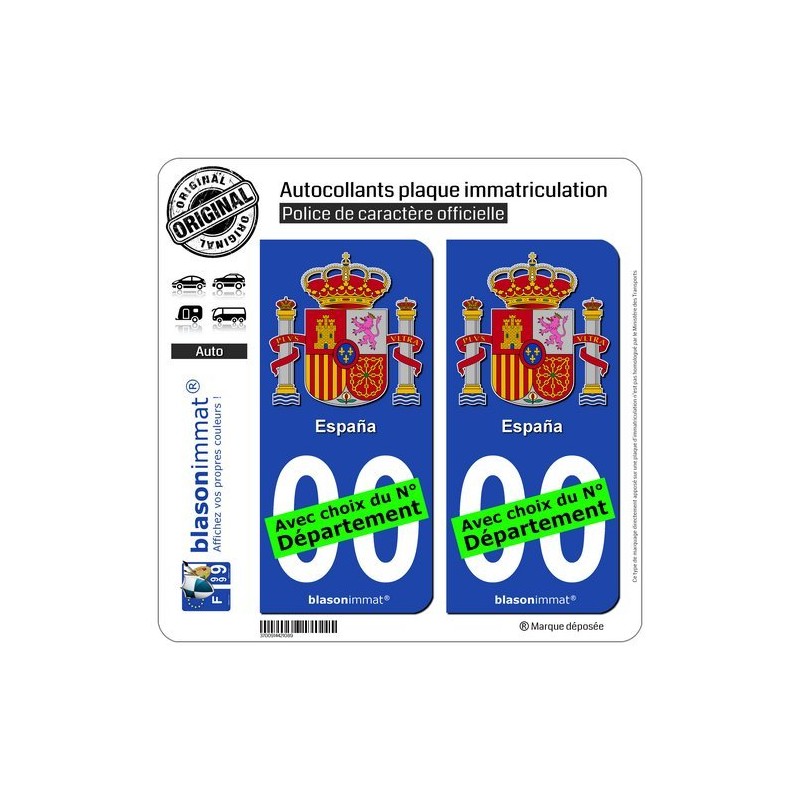 blasonimmat 2 Autocollants Plaque immatriculation Auto Espagne