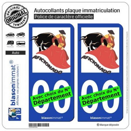 blasonimmat 2 Autocollants Plaque immatriculation Auto : Aficionados - Tauromachie