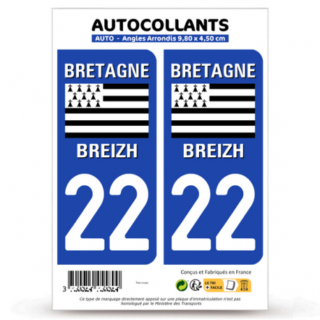 2 Autocollants plaque immatriculation Auto 22 Bretagne - LogoType