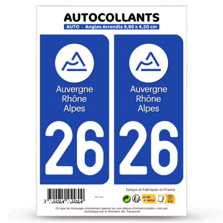 Autocollant plaque immatriculation 26 Auvergne-Rhône-Alpes - LogoType