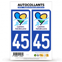 2 Autocollants plaque immatriculation Auto 45 Centre-Val de Loire - LogoType II