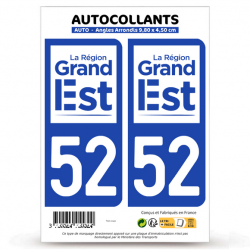 2 Autocollants plaque immatriculation Auto 52 Haute-Marne - Grand-Est II