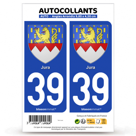 2 Autocollants plaque immatriculation 39 Jura - Armoiries