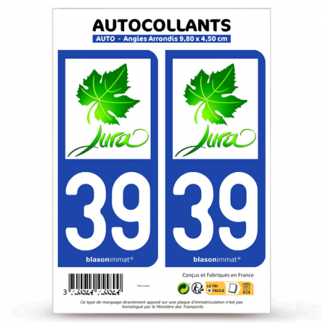 2 Autocollants plaque immatriculation 39 Jura - Vignoble